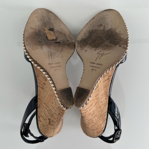 GIUSEPPE ZANOTTI NAVY BLUE PATENT LEATHER WEDGE SANDALS IT 37.5 / US 7.5